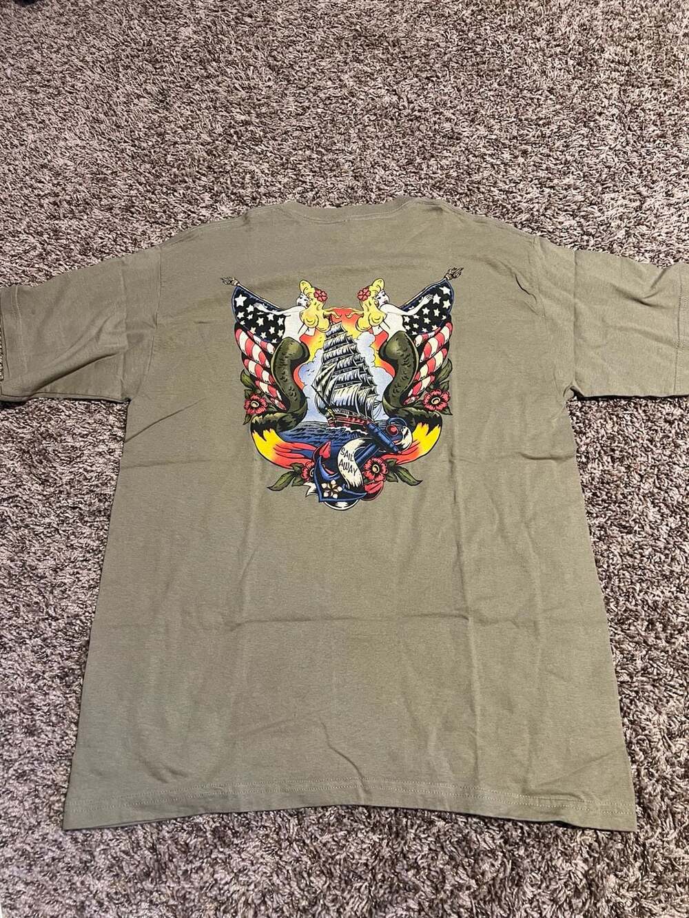 Gildan Ultra Cotton Sail Away Mermaid American Flag Tattoo Graphic T-Shirt